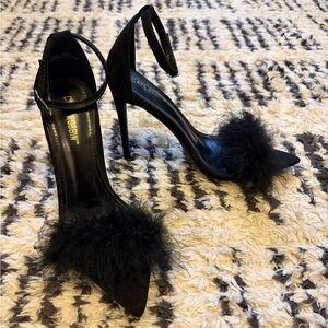 Black Feathered Stiletto Heel Sandals
